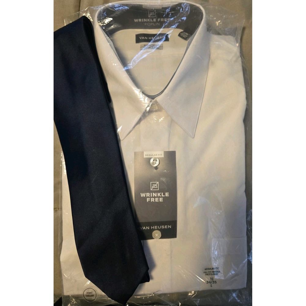 Van Heusen Wrinkle Free Dress Shirt NWT 16 34/35 L w/ Navy 100% Silk Tie